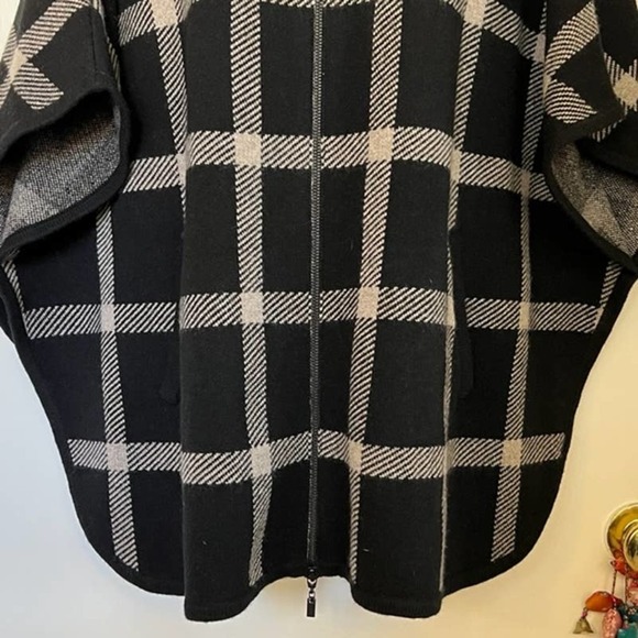 KINROSS LUXE 100% CASHMERE BLACK & SUEDE PLAID ZIP MOCK PONCHO OS ONE SIZE - Picture 5 of 14